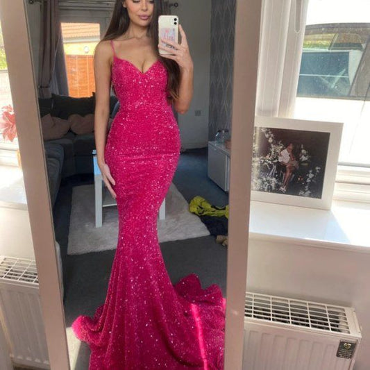 Modest Mermaid Prom Dresses for Women Spaghetti Straps Evening Party Gown Hot Pink Sequin Formal Gown 18th Birthday Gowns AB776