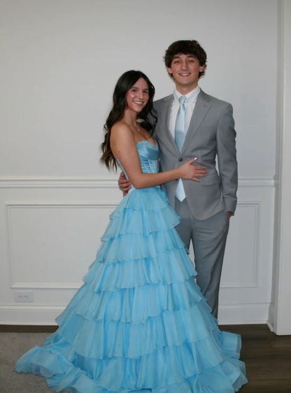 Classy Ball Gown Sweetheart Light Blue Chiffon With Slit Split Long Prom Dress Aesthetic For Teens Formal Party Outfits Prom Gowns AB1098