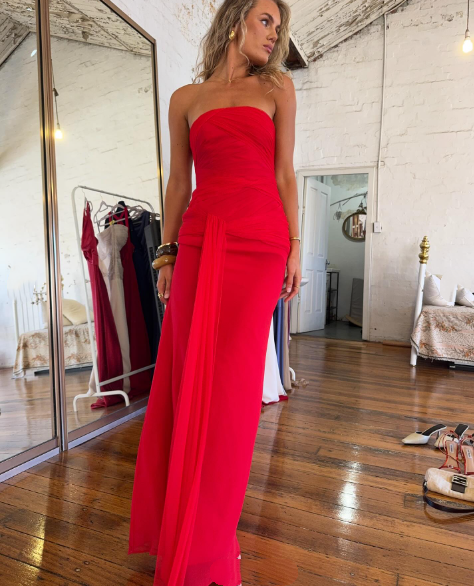 Einfaches, trägerloses Meerjungfrauenkleid aus rotem Chiffon, inspiriert von Sommer und Frühling, langes Kleid für Hochzeitsgäste und Geburtstagsoutfits N1569