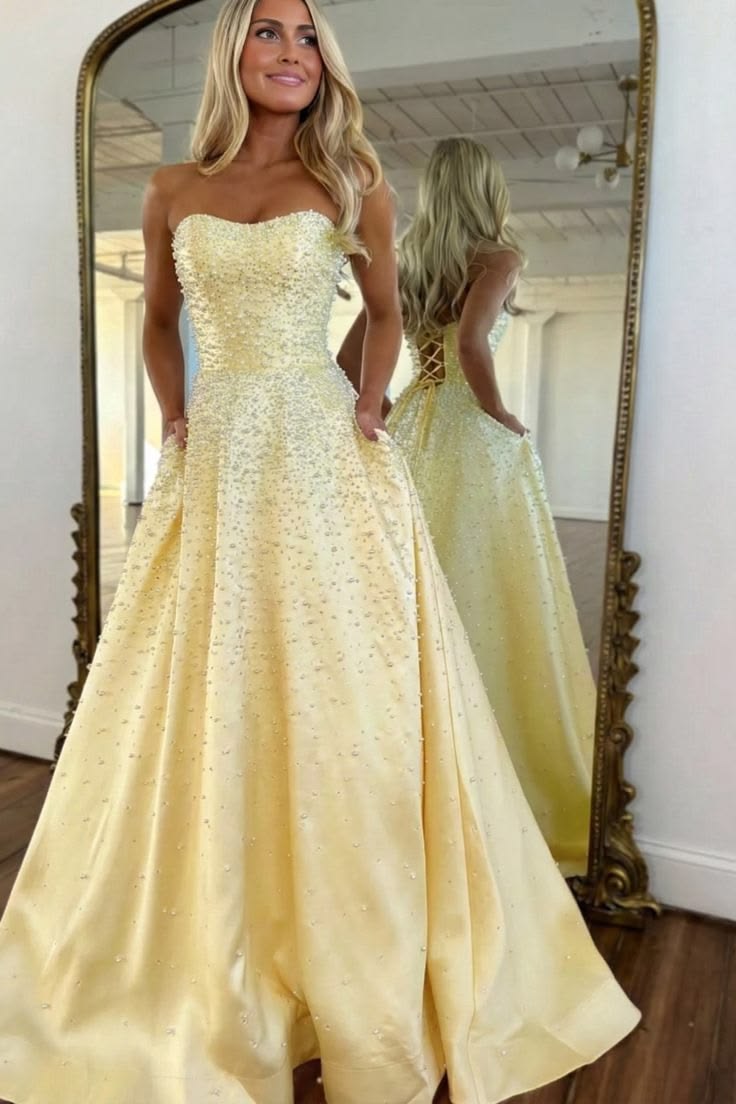 Modest Ball Gown Prom Dresses For Women Yellow Satin For Women Girls Party Gown N1571