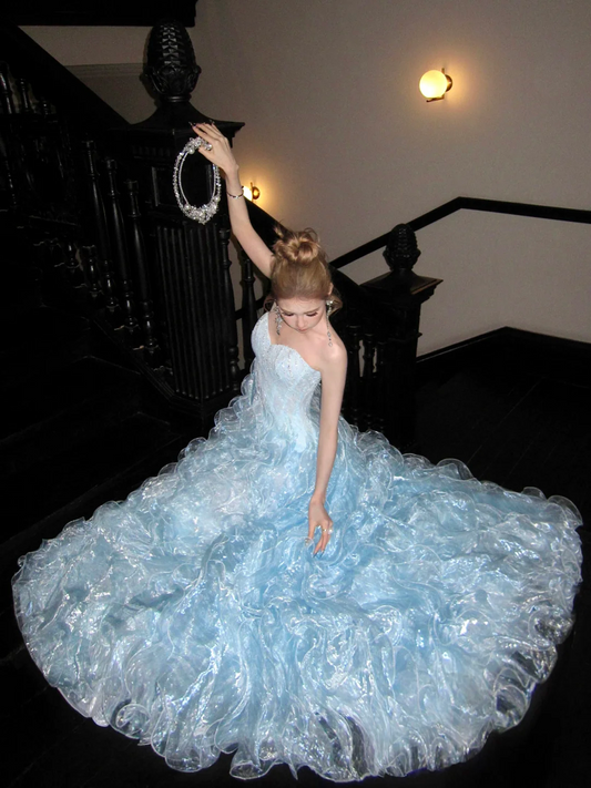 Modest Ball Gown Off The Shoulder Blue Organza With Long Cape Sleeves Tiered Layered Prom Dress Aesthetic Long Graduation Evening Outfits N054