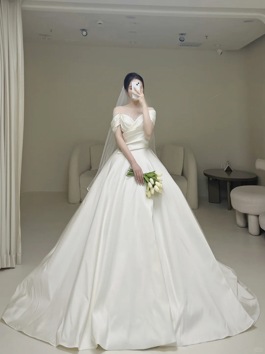 Timeless Wedding Dresses for Bride with Pleated Ball Gown Off The Shoulder Women Dress Short Sleeves Bride Dress AB889