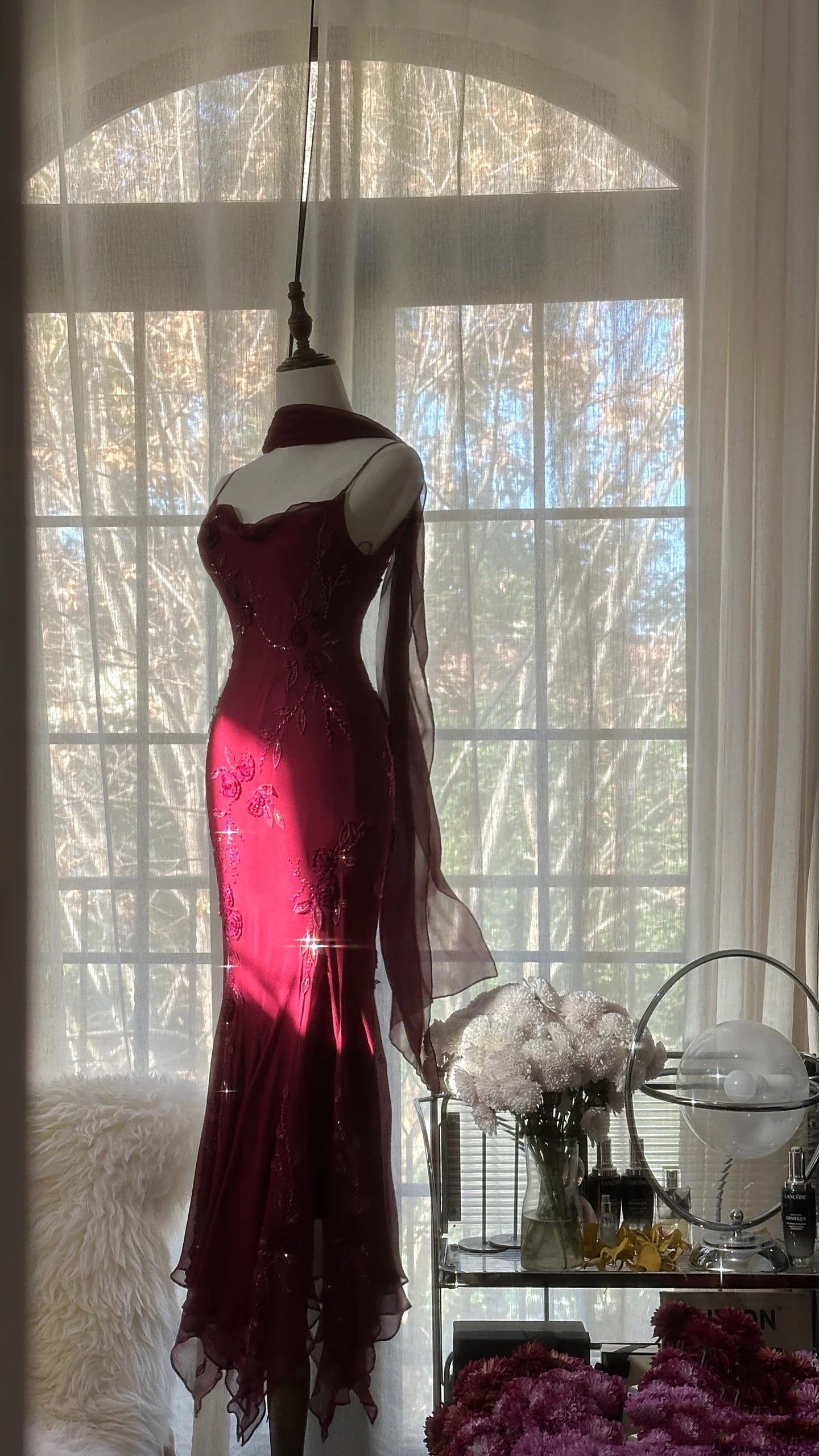 Elegant Mermaid Spaghetti Straps Burgundy Chiffon Prom Dresses Inspiration Trending Evening Gowns Formal Party Prom Dress B374