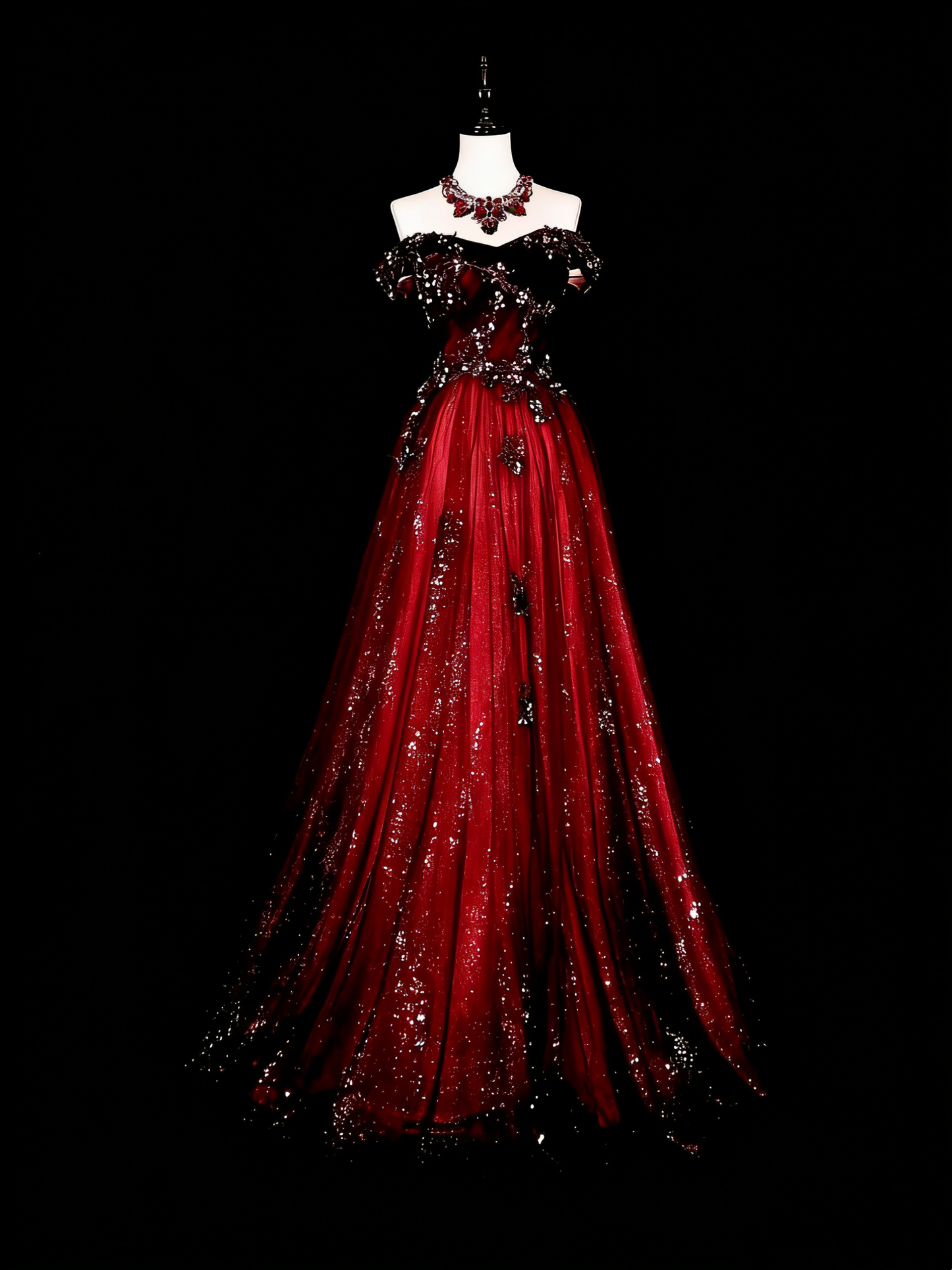Robe de bal vintage style années 50, robe de bal rétro élégante à épaules dénudées bordeaux longue avec appliques N1995