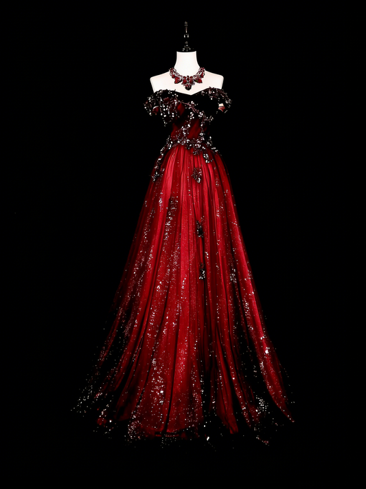 Vintage Prom Dresses Aesthetic 1950s Retro Classy Ball Gown Off The Shoulder Burgundy Long With Appliques N1995