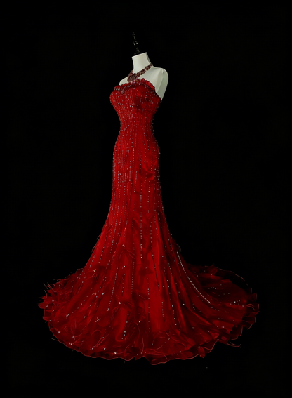 Vintage Meerjungfrauen-Kleid, trägerlos, rot, 2000er Jahre, mit silbernen Perlen, langes formelles Abendkleid N1356
