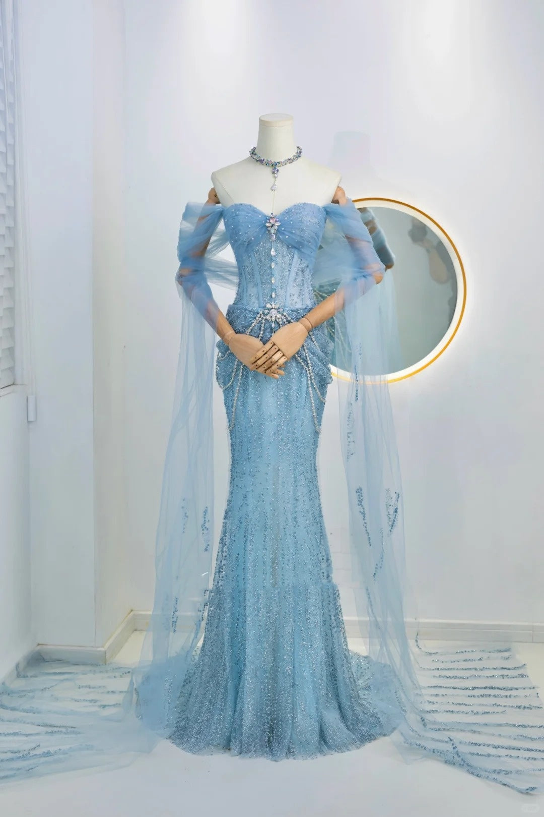 Robe de soirée longue sirène scintillante bleu à paillettes avec épaules dénudées, tenue d'anniversaire, robe de bal de promo N2842