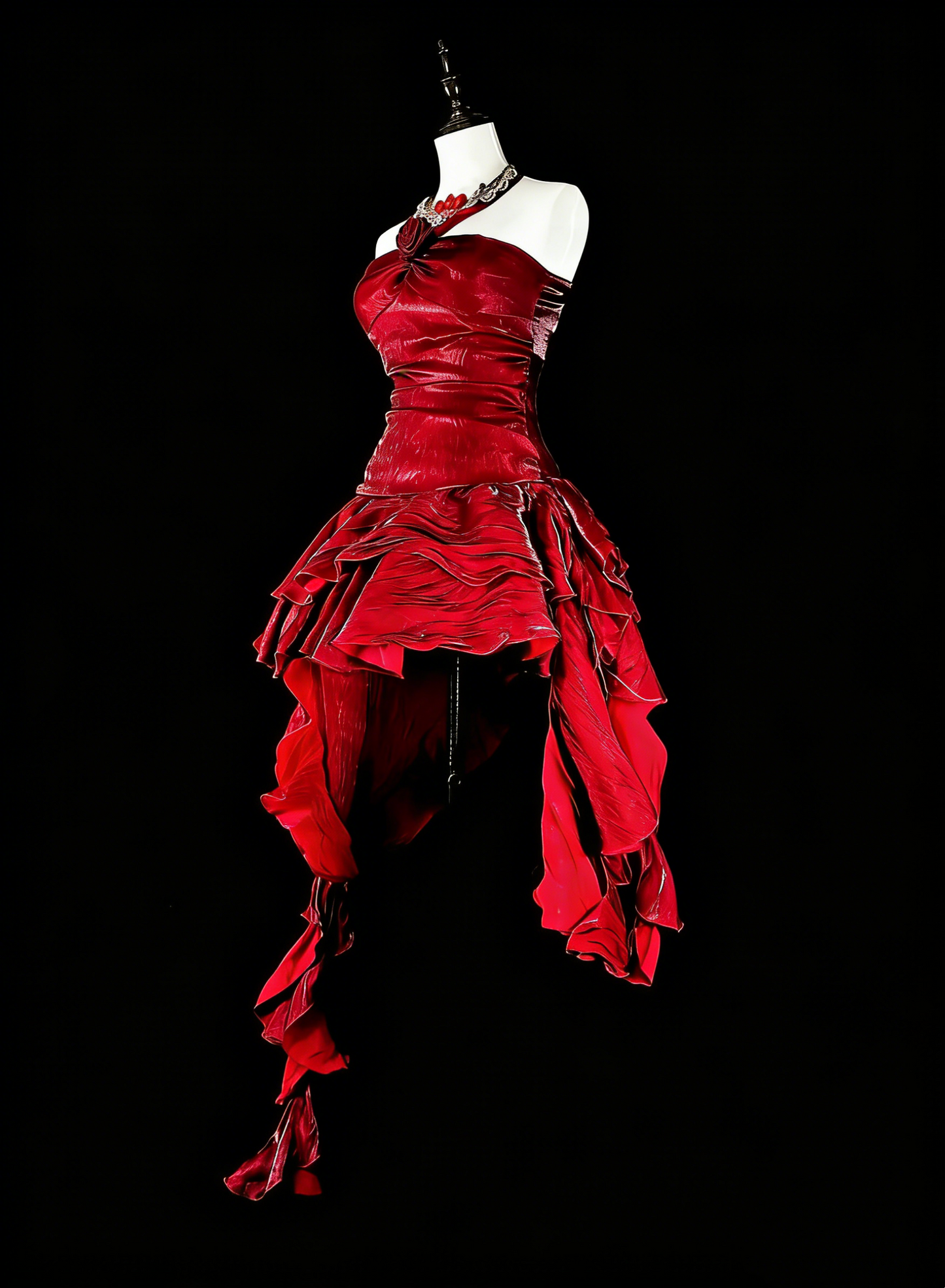 Vintage Ballkleid, asymmetrischer Saum, Neckholder, burgunderrot mit Perlenstickerei, langes Abendkleid, Partykleid, Modekleid N1826