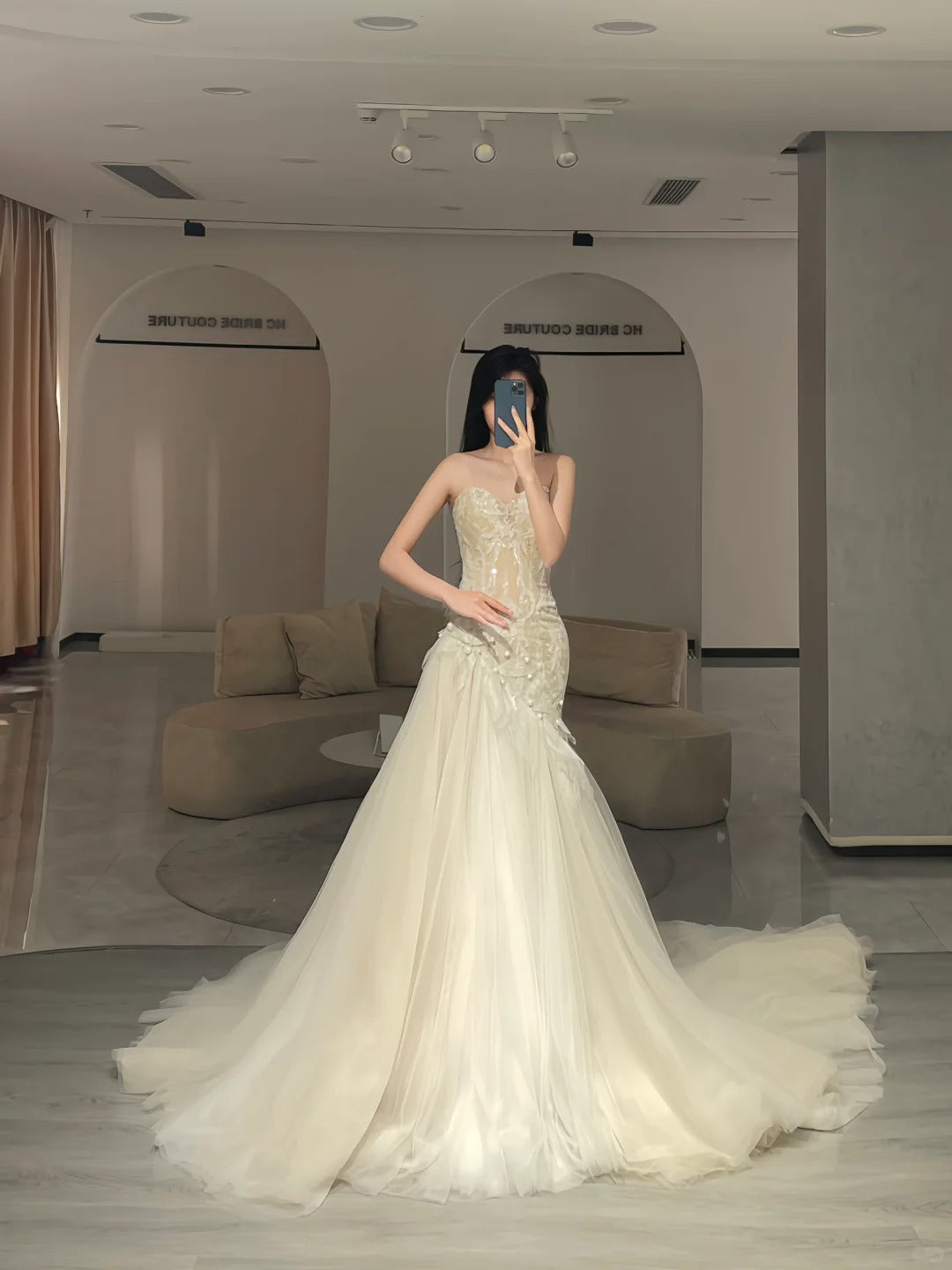 Robes de mariée simples Sirène Cœur Ivoire Dentelle Longue Robe de mariée N2978