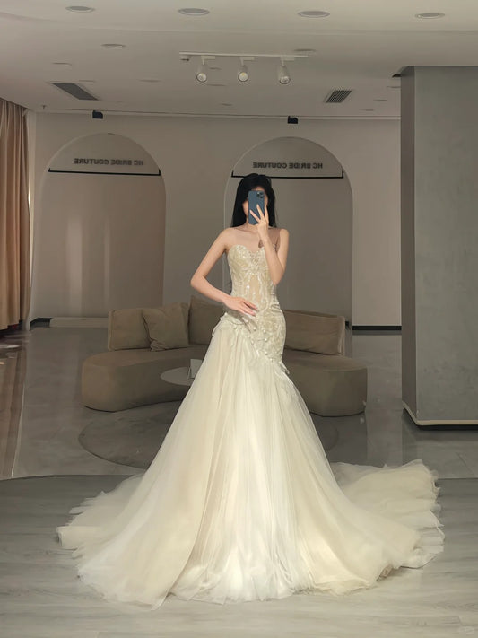 Simple Wedding Dresses Mermaid Sweetheart Ivory Lace Long Bridal Gown N2978