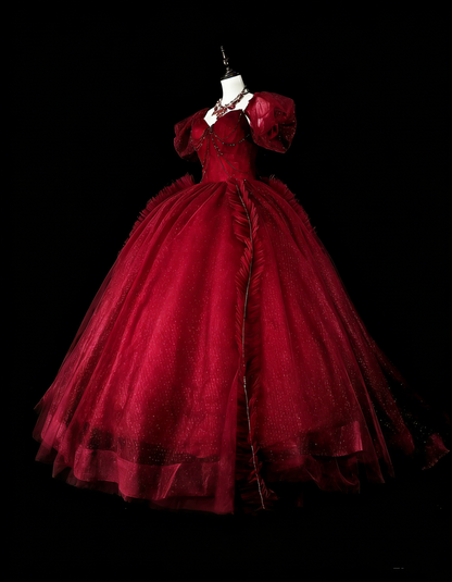 Vintage Abschlussballkleider Ballkleid Trägerlos Weinrot Tüll Burgund 2000er Jahre Langes Partykleid N2379