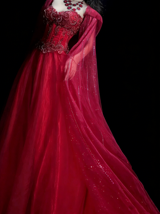 Elegant Ball Gown Sweetheart Red Tulle With Cape Beadings Floor Length Inspiration Long Prom Dresses N1196