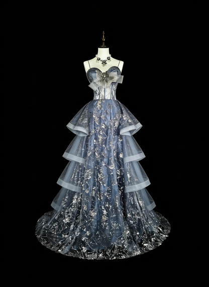 Robe de bal vintage, robe de soirée esthétique à fines bretelles, sequins gris, longue, inspiration robe de soirée formelle N1849
