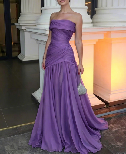 Magnifique robe de bal longue bleue chic, sans bretelles ni manches, coupe trapèze, avec plis, AB393
