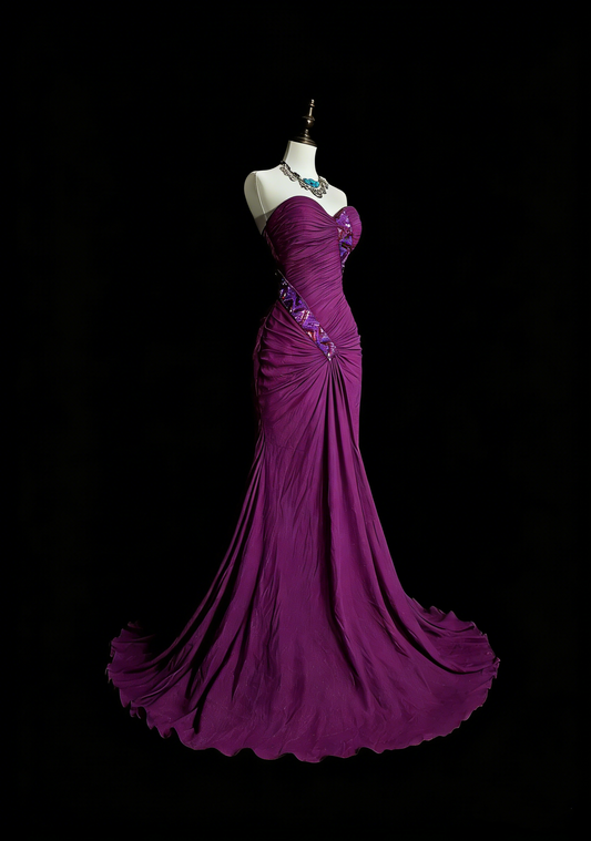 Robe de bal d'été vintage sirène à décolleté bustier orné de perles violettes, longue, idéale pour la plage ou les soirées formelles printanières (N1420)