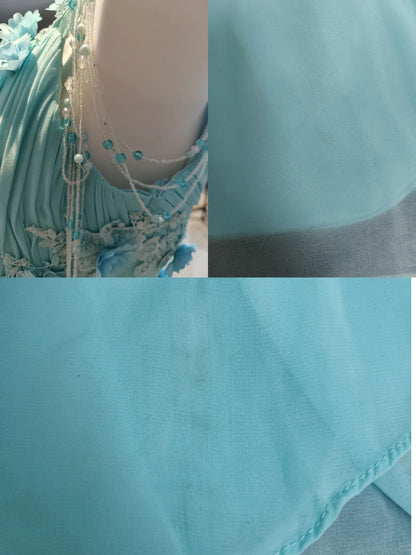 Vintage Ballkleider A-Linie One Shoulder Blau Chiffon 80er Jahre Mit Blumen Lange Formelle Abendgarderobe N4217