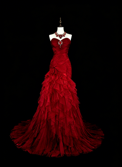 Robes de bal vintage sirène bustier cœur rouge tulle avec couches étagées longue robe de soirée N2376
