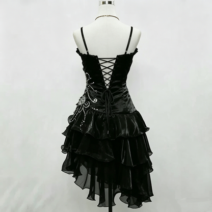 Robe de soirée/de bal mignonne en organza noir bordeaux avec bretelles fines et perles argentées pour le retour au bercail N3907