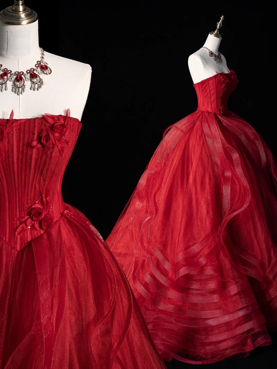 Robe de bal modeste sans bretelles en tulle rouge, inspiration robes de soirée, robe de princesse formelle N1276