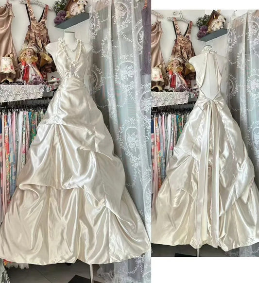 Elegantes, elfenbeinfarbenes Ballkleid mit Neckholder und tiefer Taille, Perlenbesatz, langes Abendkleid, Partykleid zum 18. Geburtstag, Abschlusskleid N904