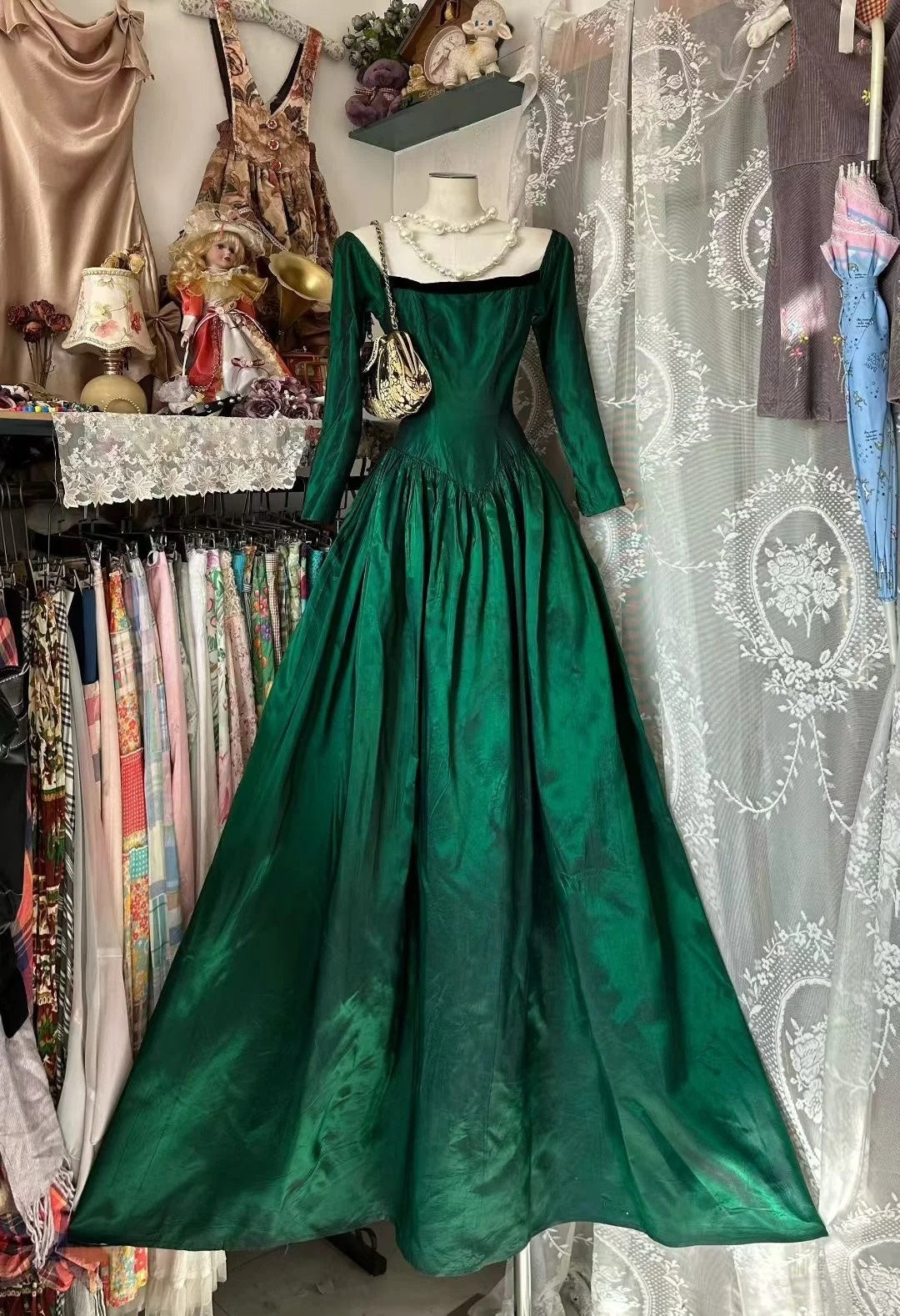 Vintage Ballkleid mit eckigem Ausschnitt, grün, langes Abendkleid, Partykleid, Outfit zum 18. Geburtstag, Abschlusskleid N908