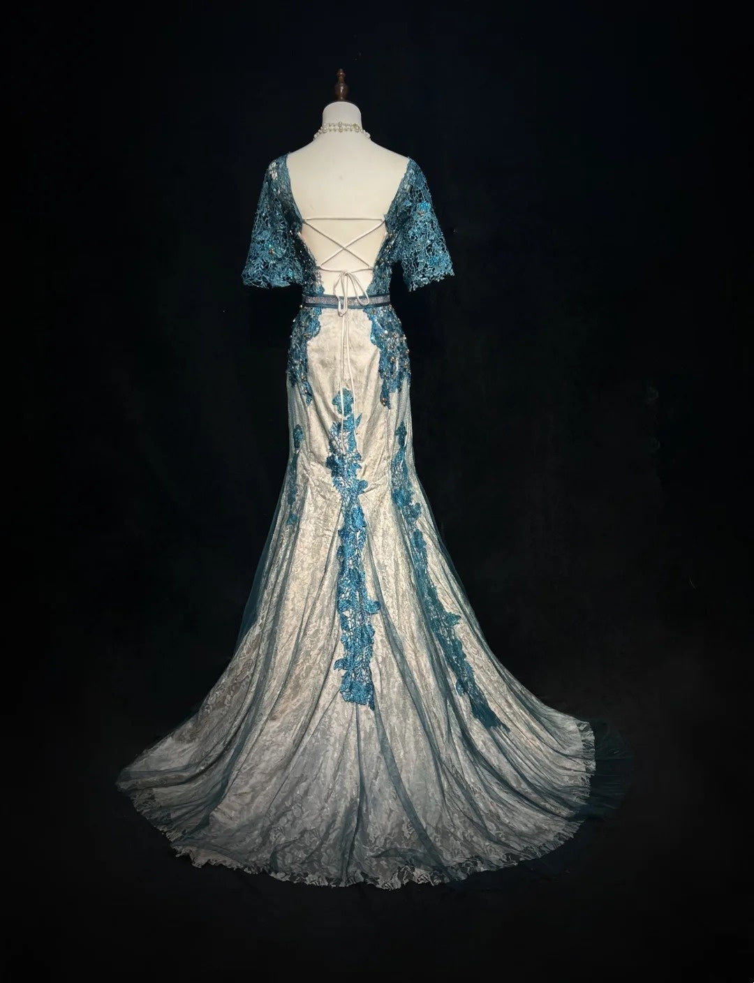 Vintage Ballkleider Inspo Meerjungfrau Spitze Blau Tüll Spitze 80er mit Applikationen Formelle Kleider N3366