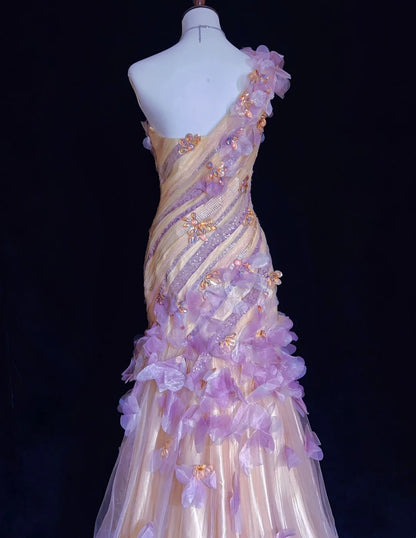 Robes de bal années 90 de rêve Sirène Asymétrique Lilas avec Fleurs 3D Tenues de soirée formelles N3802