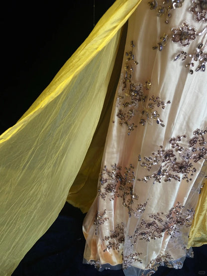 Robes de bal modestes sirène col en V mousseline jaune avec perles dentelle dorée longue robe de soirée formelle N3867