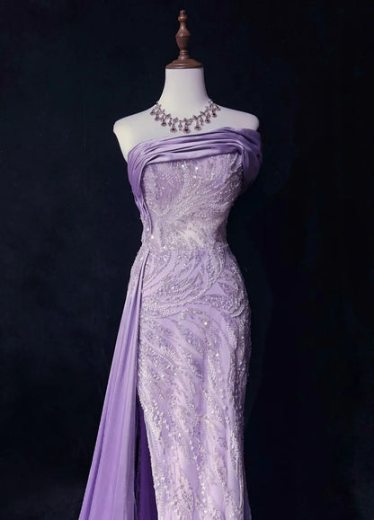 Vintage Ballkleider Inspo Meerjungfrau Trägerlos Lila Pailletten Mit Schlitz Perlen 80er Jahre Langes Abendkleid N2742