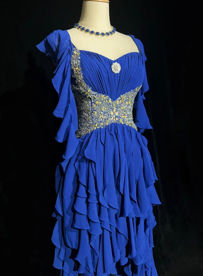 Robes de bal élégantes coupe trapèze asymétriques, une épaule, en mousseline bleu roi avec perles, sans manches, longue robe de soirée N2881