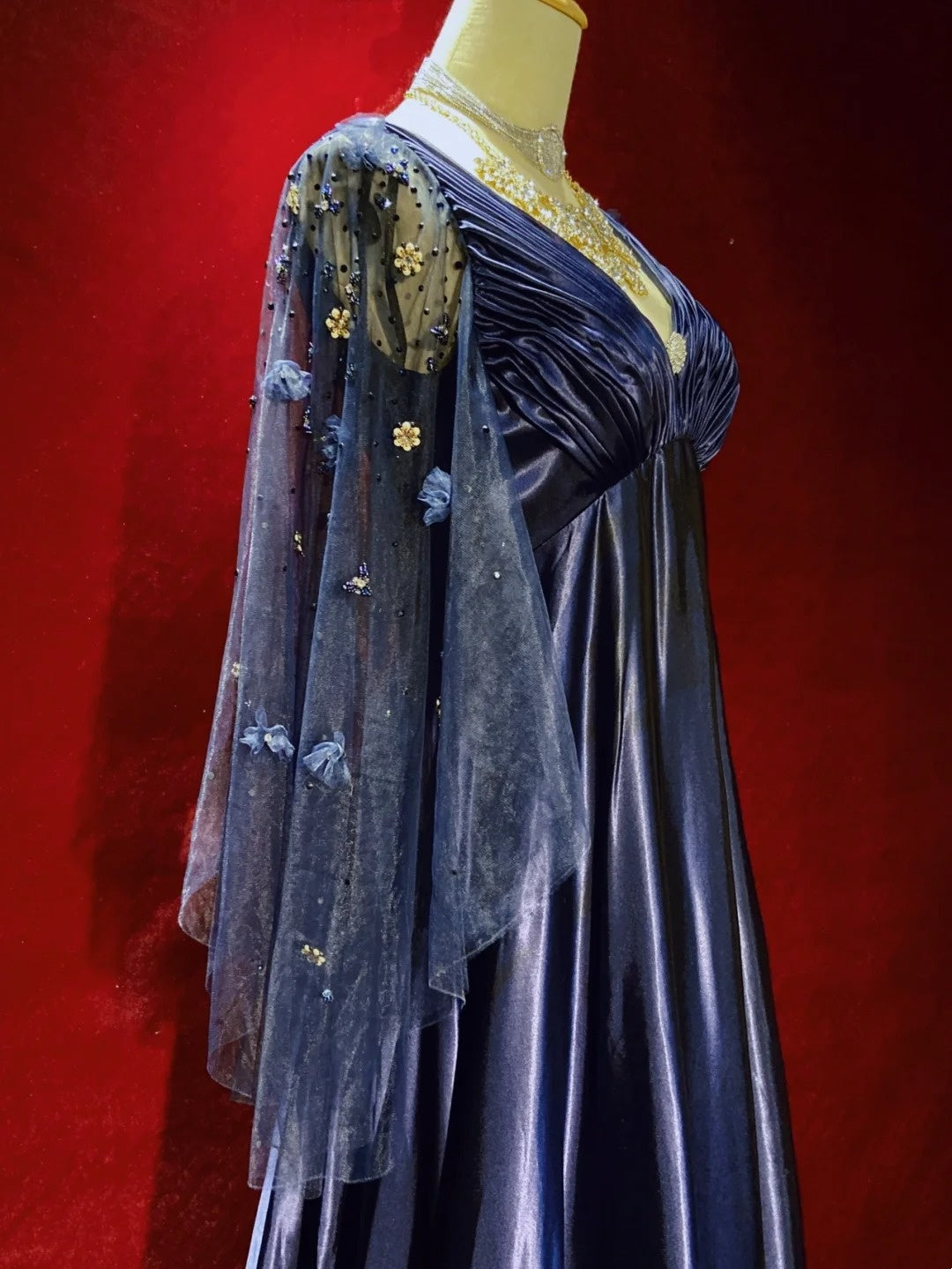 Robes de bal vintage, inspiration ligne A, empire, col en V, satin bleu marine années 90 avec manches, robes de soirée N3314