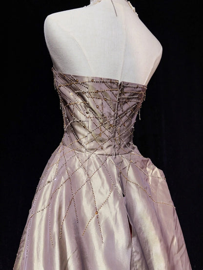 Robes de bal vintage pour le bal de fin d'année, bustier en satin rose poudré des années 80 avec perles, longues tenues de soirée formelles N3870