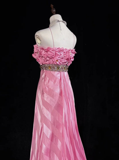 Vintage Abschlussballkleider Spaghettiträger Meerjungfrau Pink mit Goldspitze Lange formelle Abendkleider N3862