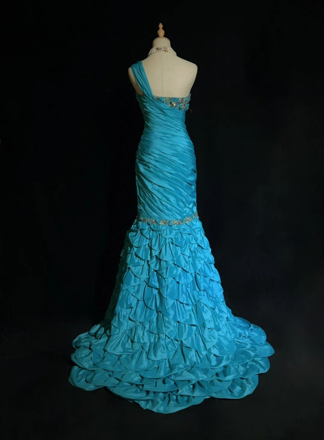 Vintage Ballkleider Meerjungfrau One-Shoulder Retro-Stil Blaues Taft Mit Perlenbesatz 90er Langes Abendkleid N2905