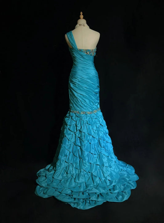 Vintage Prom Dresses Mermaid One Shoulder Retro Style Blue Taffeta With Beaded 90s Long Evening Gown N2905
