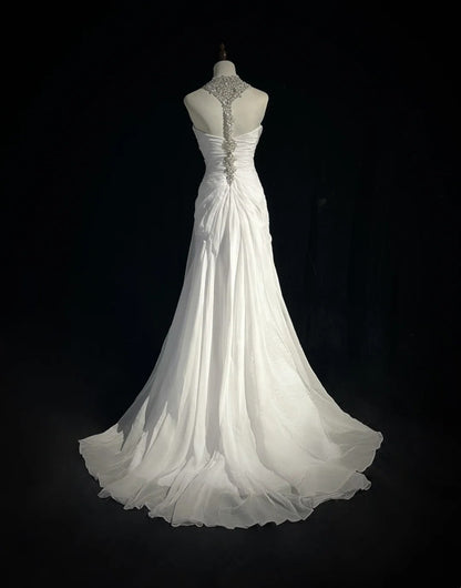 Robes de Mariée Intemporelles Sirène Dos Nu Chiffon Satin Blanc Avec Perles Longue Robe de Mariée N3474