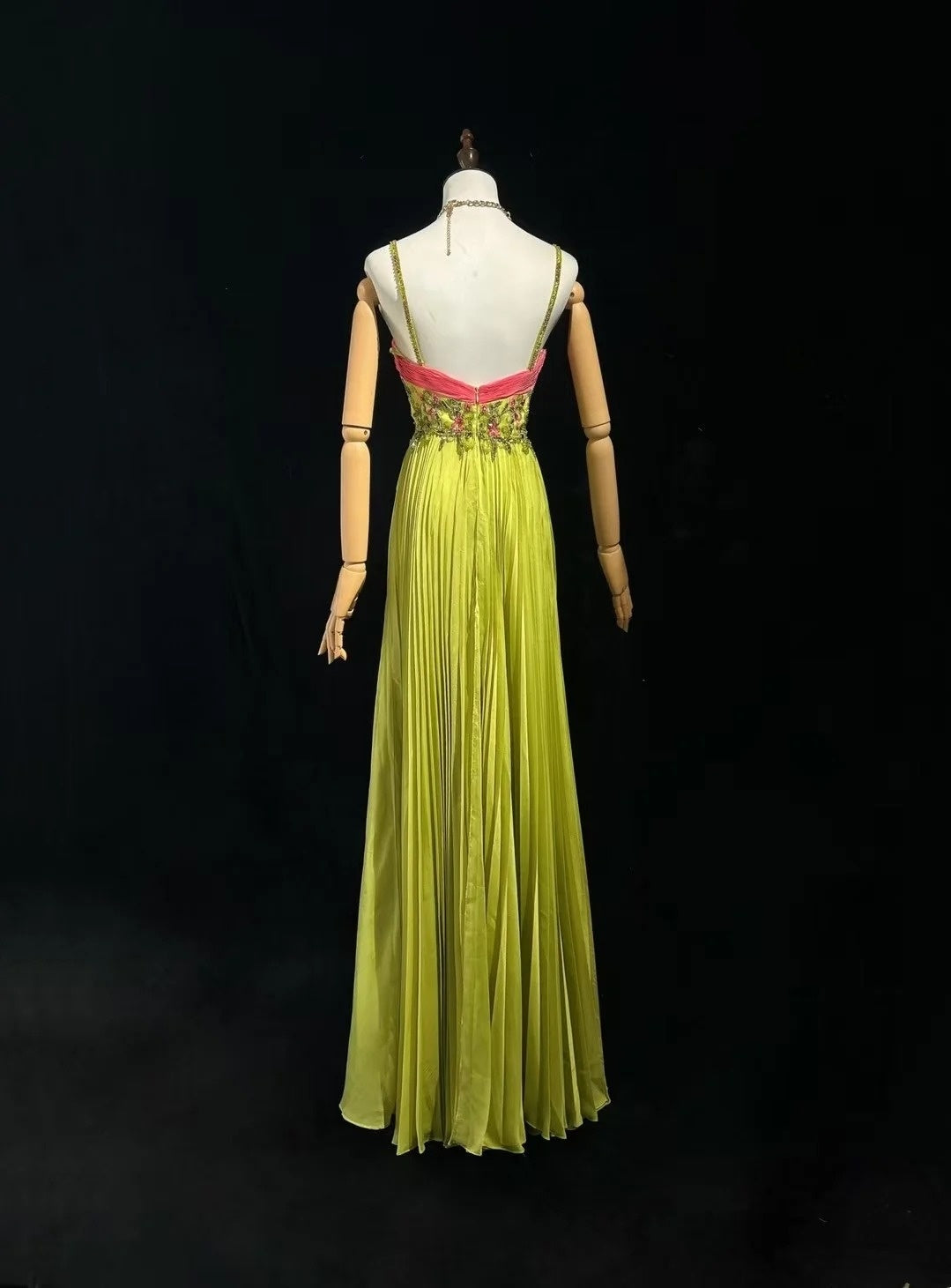 Robes de bal vintage Trapèze Bretelles fines Mousseline rose et verte avec perles Robe de soirée longue années 60 N2610