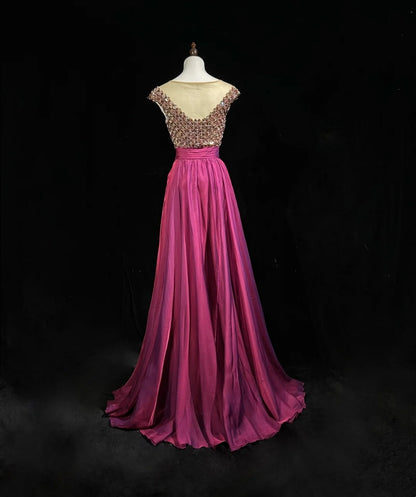 Robes de bal vintage Trapèze Col Bateau Fushia Chiffon Avec Perles Années 80 Longues Tenues de Soirée Formelles N3880