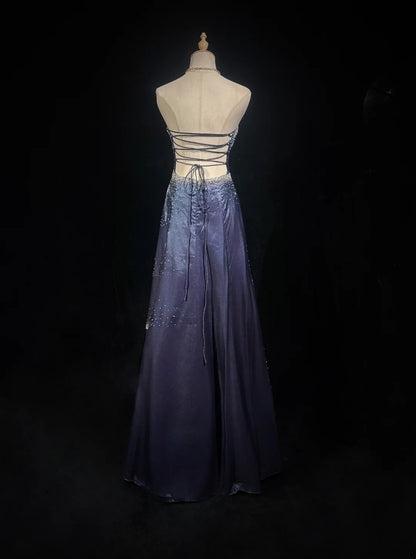 Beautiful Prom Dresses A line Strapless Navy Blue With Beaded Backless Long Formal Evening Outfits N3675
