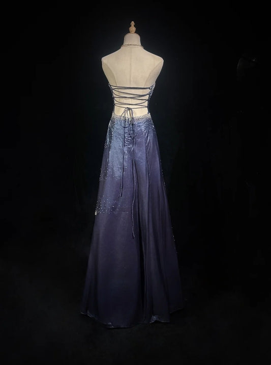 Beautiful Prom Dresses A line Strapless Navy Blue With Beaded Backless Long Formal Evening Outfits N3675