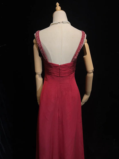Elegante Abschlussballkleider A-Linie Rundhalsausschnitt Burgund Chiffon Mit Cape Perlen Ärmellos Langes Abendkleid N2885