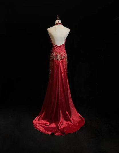 Modest Prom Dresses Mermaid Halter Burgundy Chiffon With Beading Long Formal Evening Dress N3877
