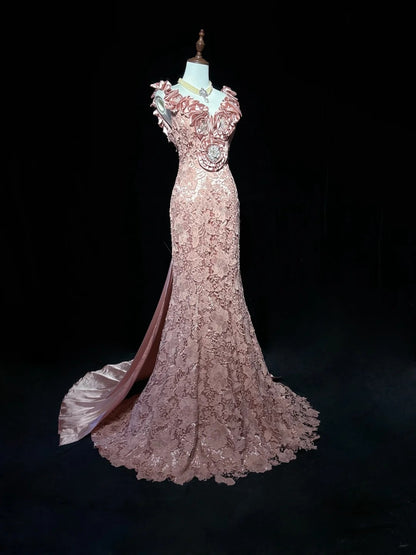 Vintage Meerjungfrauen-Abschlussballkleider mit V-Ausschnitt, rosa Spitze mit 3D-Blumen, lange Abendrobe aus den 1950er Jahren N2594