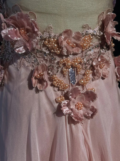 Vintage Abschlussballkleider A-Linie V-Ausschnitt Rosa Chiffon 70er Jahre mit 3D Blumen Perlenbesatz Langes Abendkleid N2528
