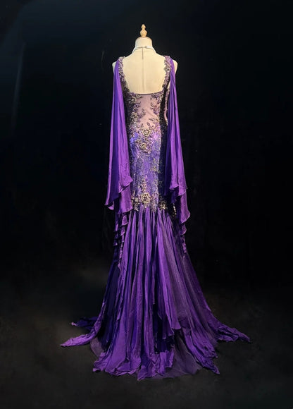Vintage Prom Dresses 90s Mermaid Square Neck Purple Chiffon Long Lace With Beading Evening Formal Outfits RB5142