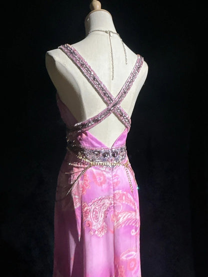 Inspiration robes de bal vintage trapèze asymétrique en mousseline rose avec perles, longue robe de soirée années 80 N2734