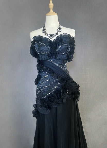 Vintage Prom Dresses Meerjungfrau Sweetheart Black Tie Kleid Chiffon mit Perlen 1980er Jahre Lange Abendkleid N2621