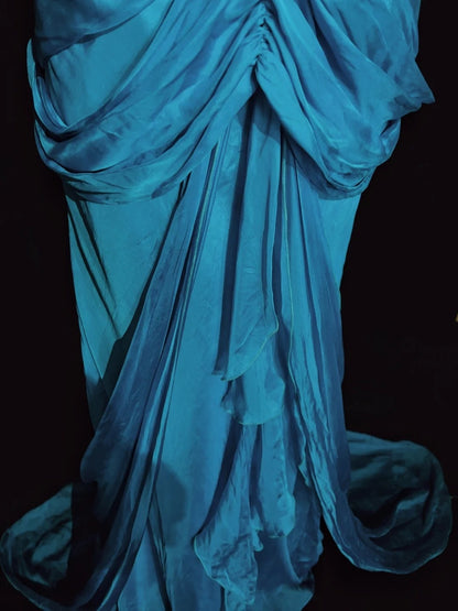 Robes de bal modestes Sirène Bretelles fines Mousseline bleue Sans manches avec feuille Robe de soirée formelle N3841
