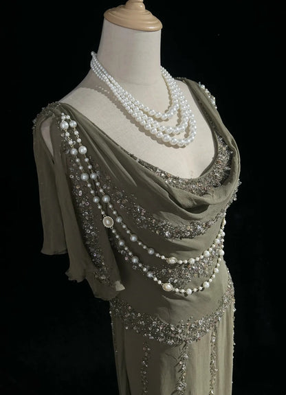 Vintage Prom Dresses A Line Cowl Neck Chiffon With Beaded 80s Evening Formal Dress RB3273