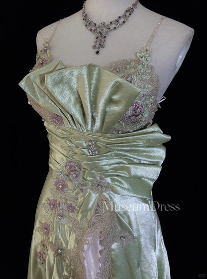 Elegante Ballkleider-Inspo Meerjungfrauen-Spaghettiträger Salbeigrüner Satin mit Spitzenperlen für Damen, formelles Kleid N3230